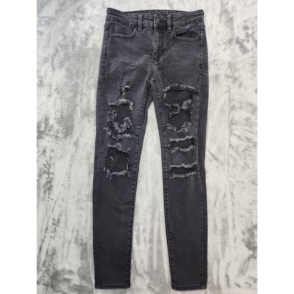 American Eagle Outfitters Denim - American Eagle Jeans Womens 4 Black Distressed Ripped High Rise Jegging Stretch